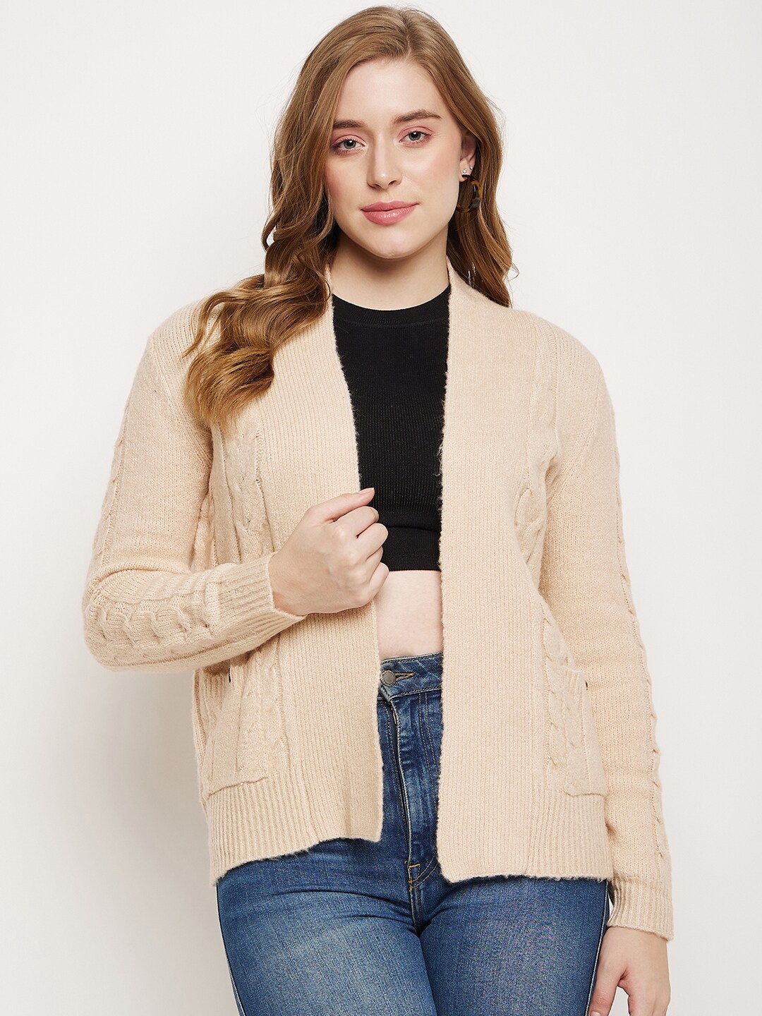 

Madame Self Design Open Front Shrug, Beige