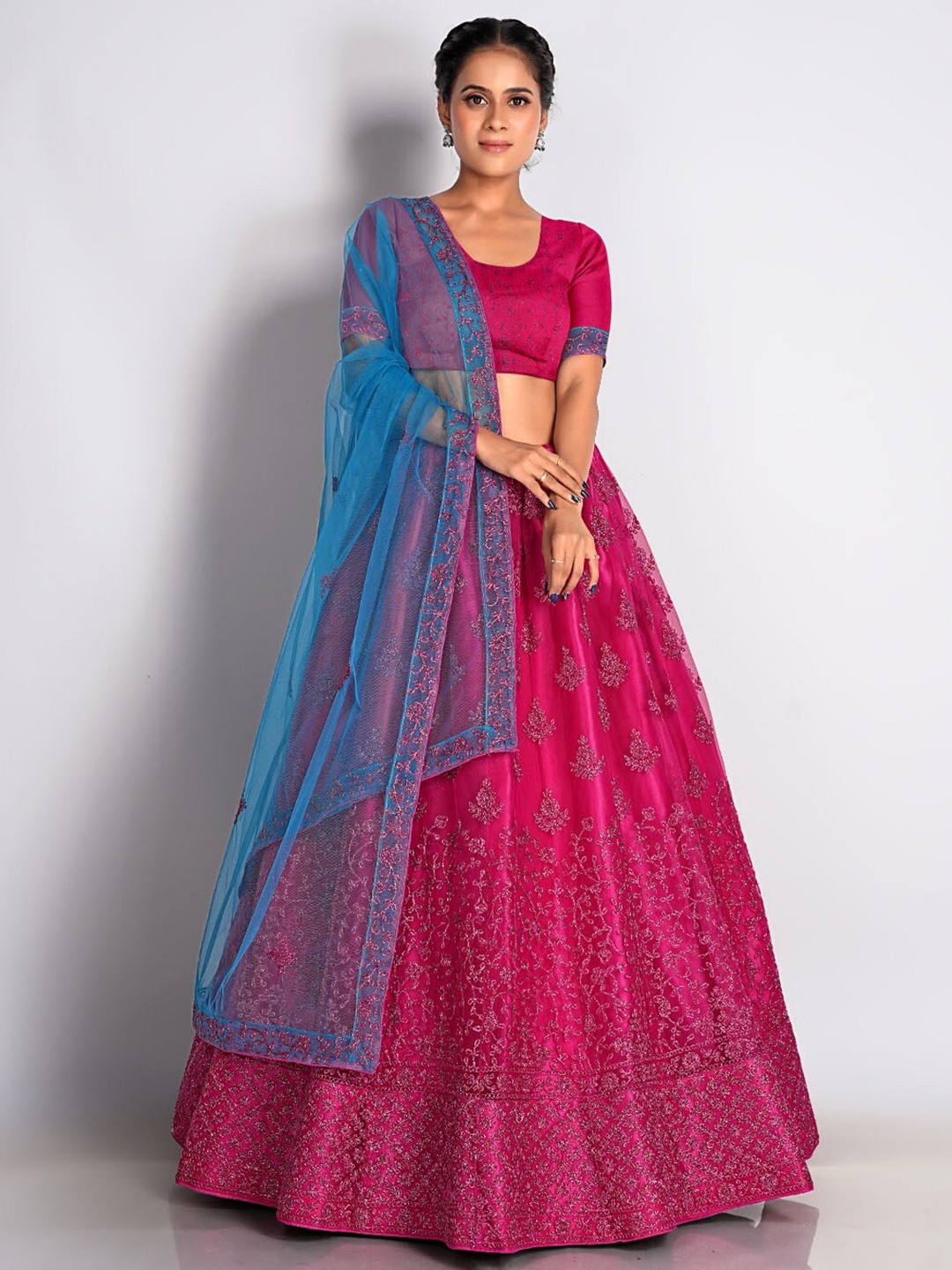 

HALFSAREE STUDIO Embroidered Net Semi-Stitched Lehenga & Unstitched Blouse With Dupatta, Pink
