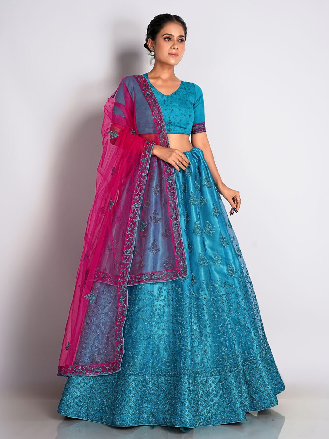 

HALFSAREE STUDIO Embroidered Net Semi-Stitched Lehenga & Unstitched Blouse With Dupatta, Blue