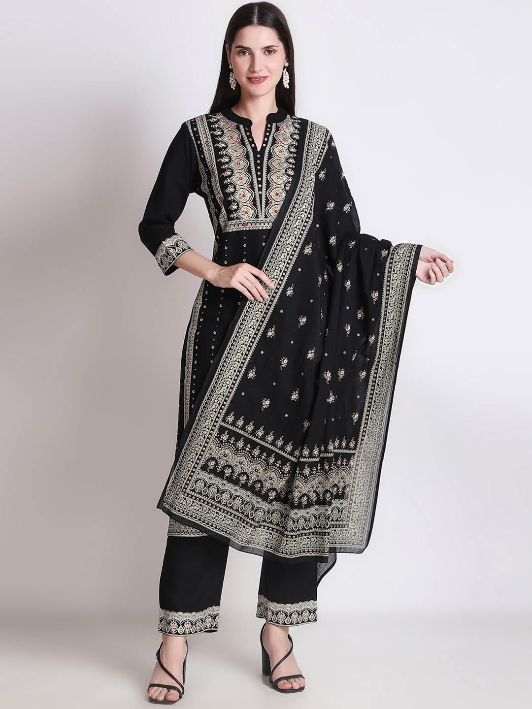 

Ichaa Floral Yoke Design Mandarin Collar Kurta With Trousers & Dupatta, Black