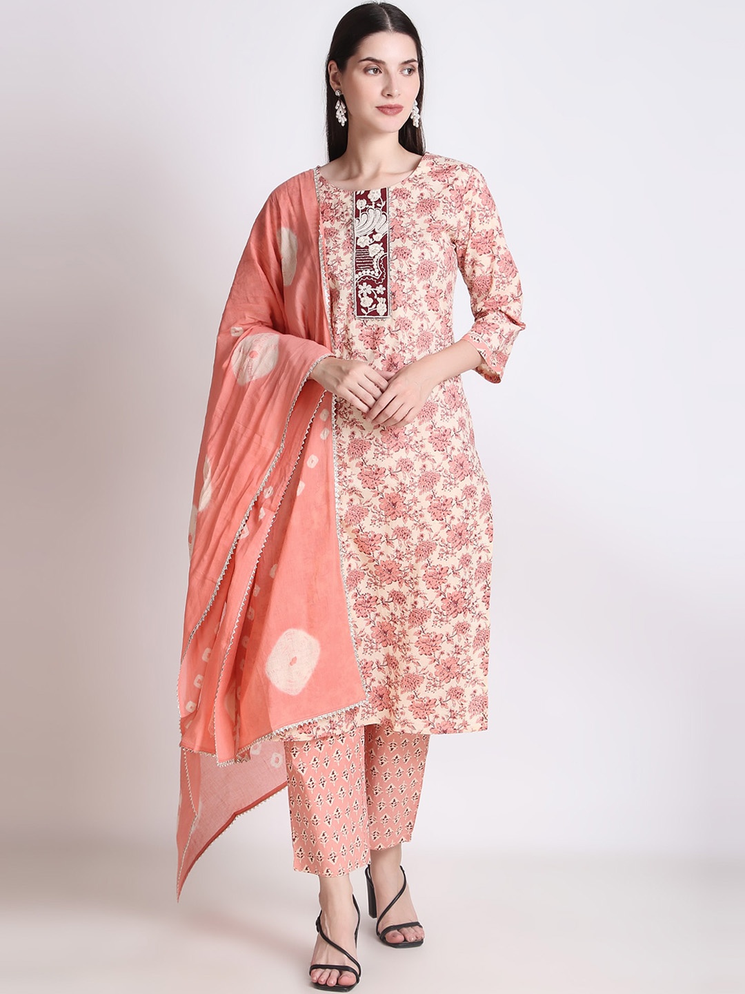 

Ichaa Floral Printed Pure Cotton Regular Kurta with Trousers & With Dupatta, Peach
