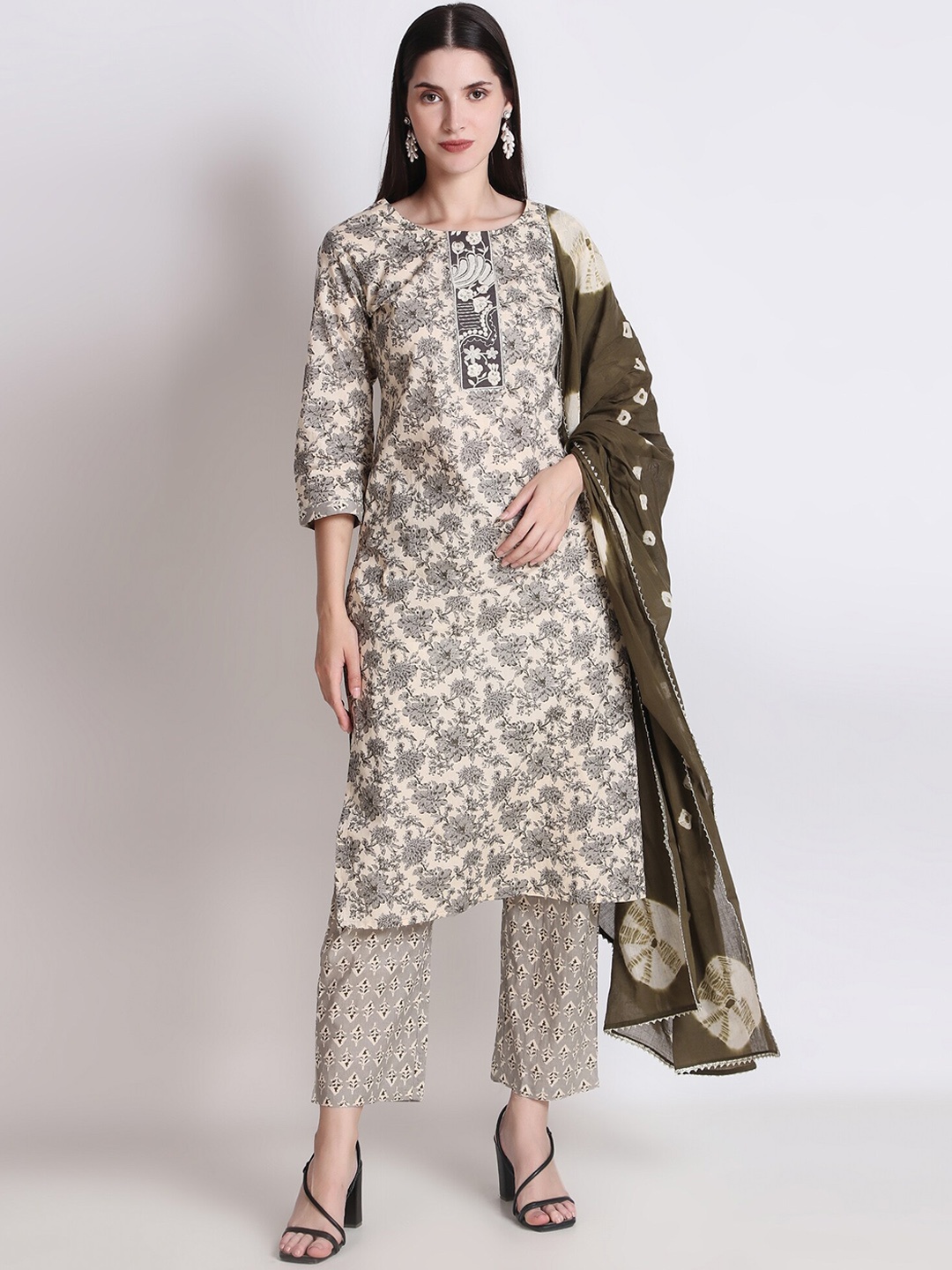 

Ichaa Floral Printed Pure Cotton Kurta with Trousers & Dupatta, Grey