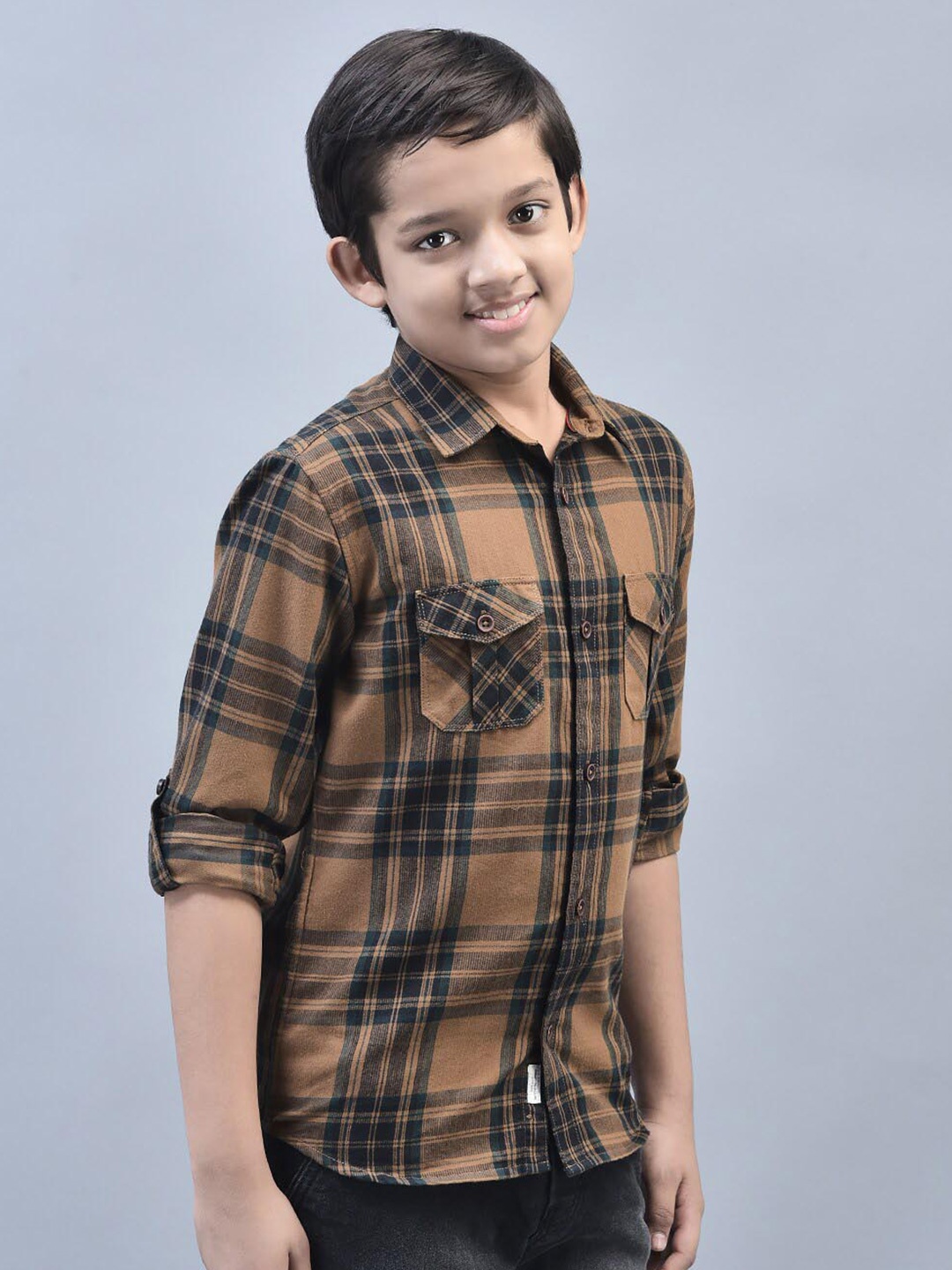 

Crimsoune Club Boys Classic Slim Fit Tartan Checked Casual Shirt, Brown