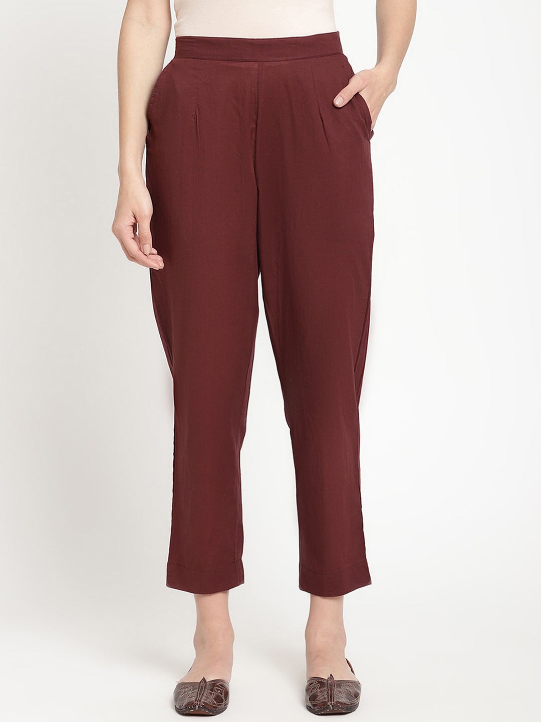 

SAVI Women Relaxed Straight Fit Pleated Cotton Cigarette Trousers, Maroon