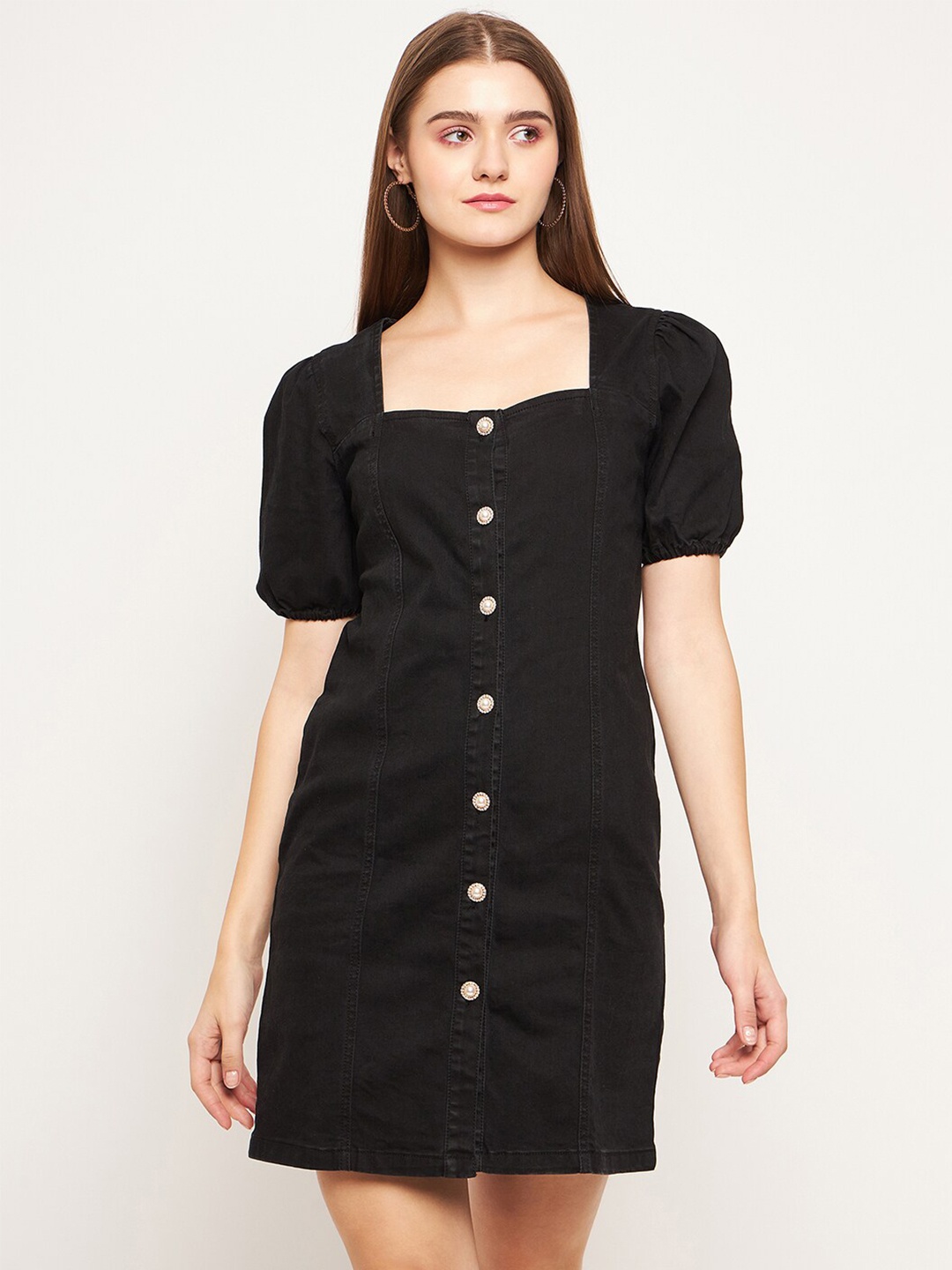 

Madame Square Neck Puff Sleeves A-Line Dress, Black