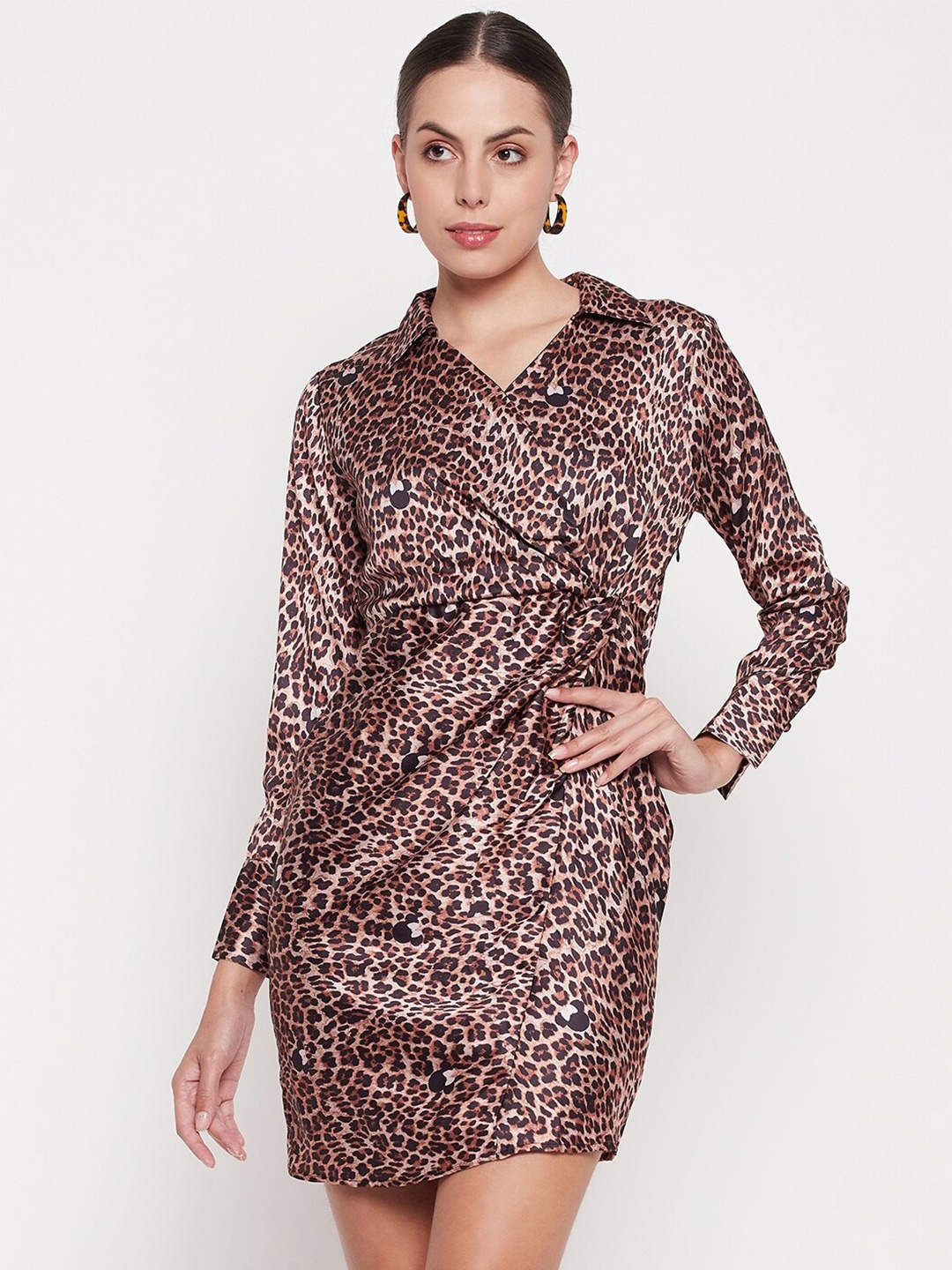 

Madame Animal Printed Shirt Collar Sheath Mini Dress, Brown