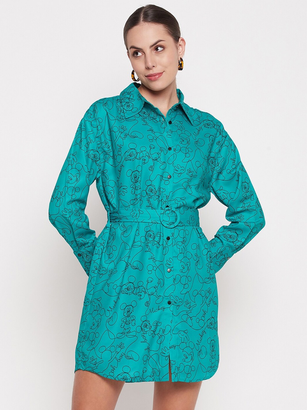 

Madame Mickey Mouse Printed Shirt Style Dress, Green