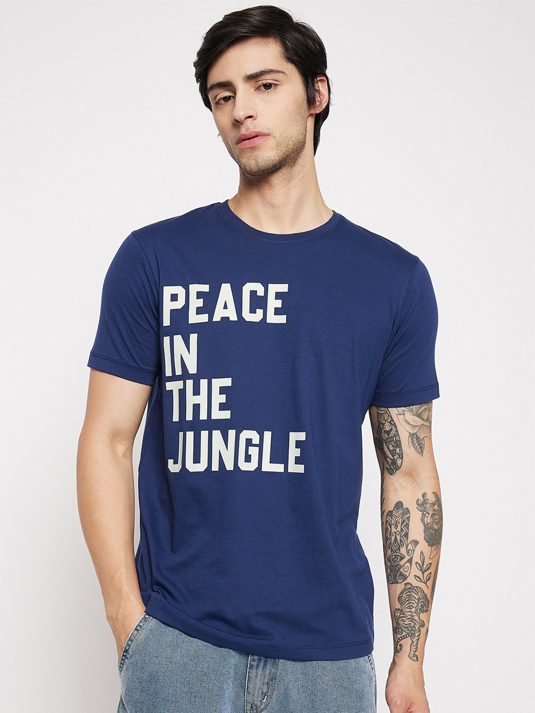 

Kook N Keech Navy Blue & White Typography Printed Round Neck Pure Cotton T-Shirt