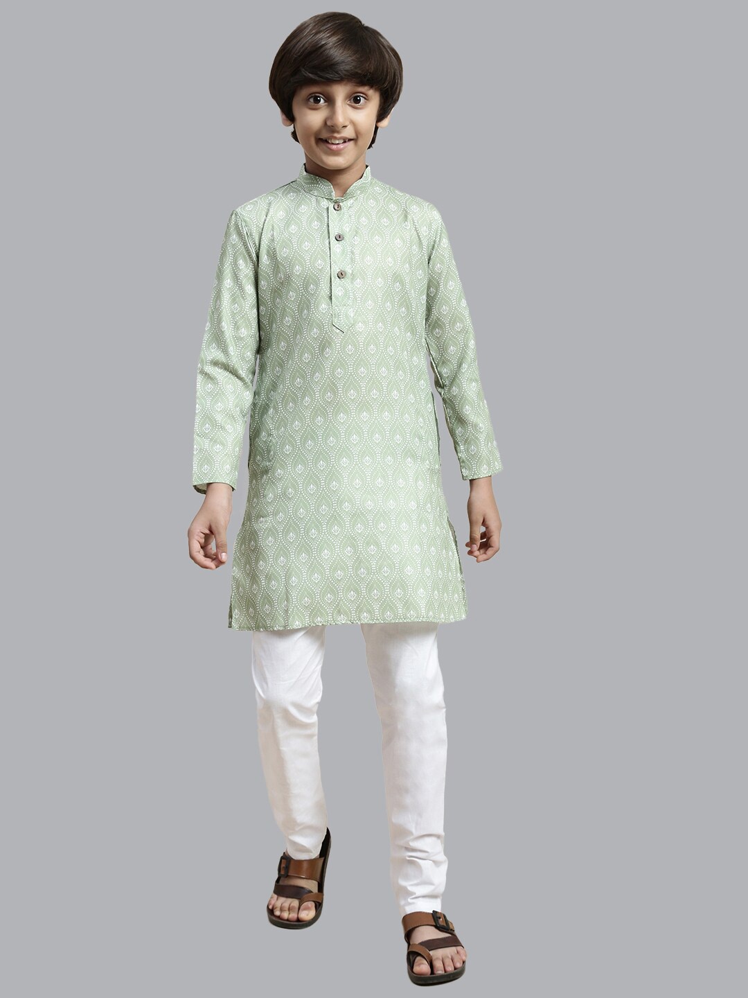 

Sangria Boys Green Ethnic Motifs Printed Cotton Mandarin Collar Kurta
