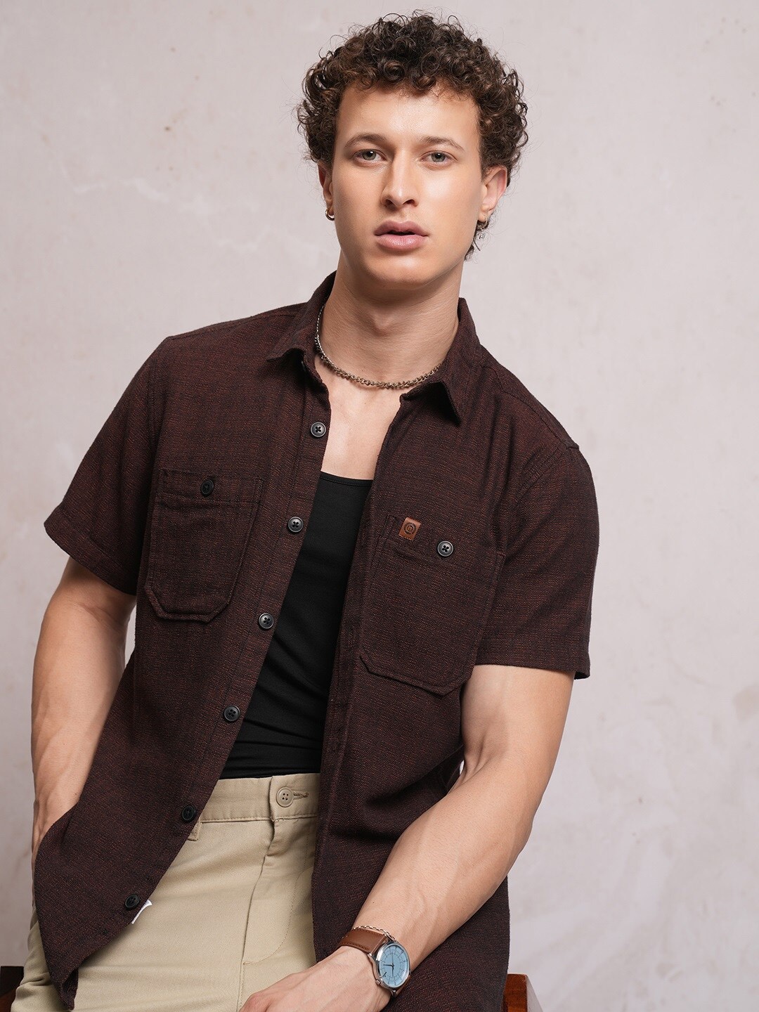 

LOCOMOTIVE Textured Checked Utility Pocket Regular Shirt, Rust