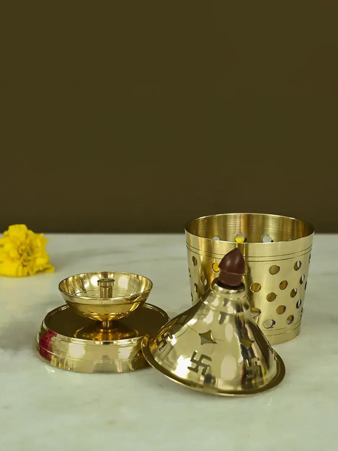 

PujaNPujari Gold Toned & Brown Textured Akhand Diya With Cover