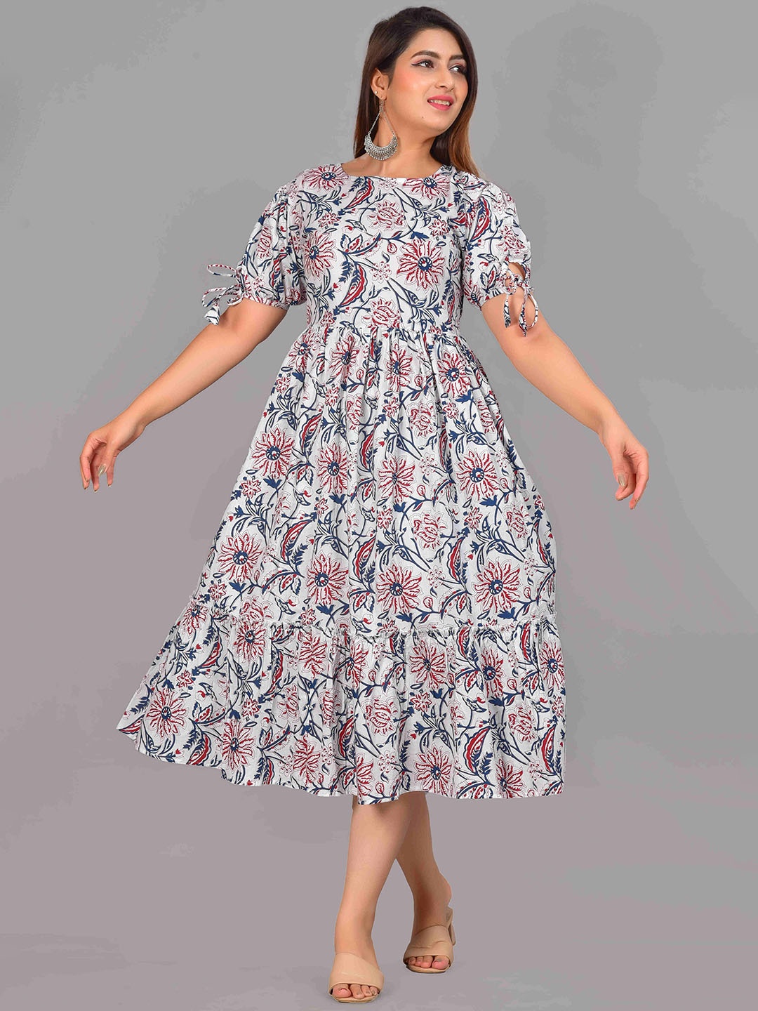 

UNIBLISS Floral Printed Puff Sleeve Ethnic Dress, White