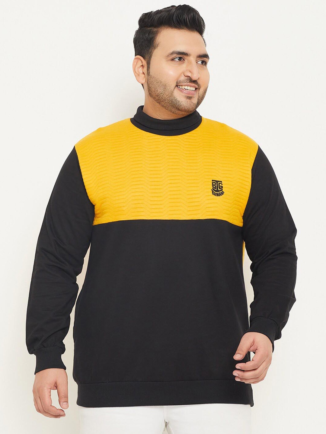 

bigbanana Plus Size High Neck Colourblocked Antimicrobial Pure Cotton Pullover Sweatshirt, Black