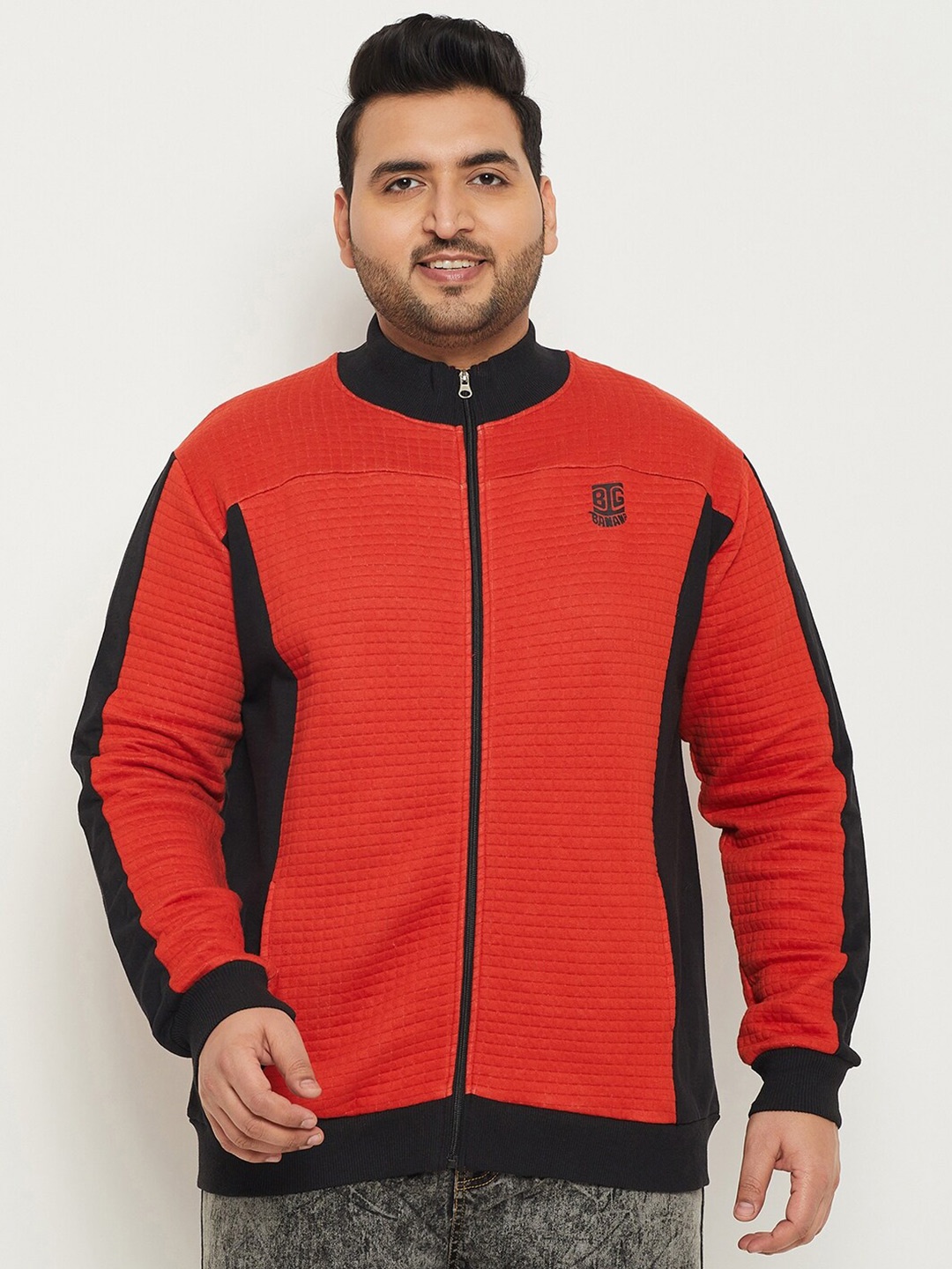 

bigbanana Colourblocked Mock Collar Pure Cotton Front Open Sweatshirt, Red