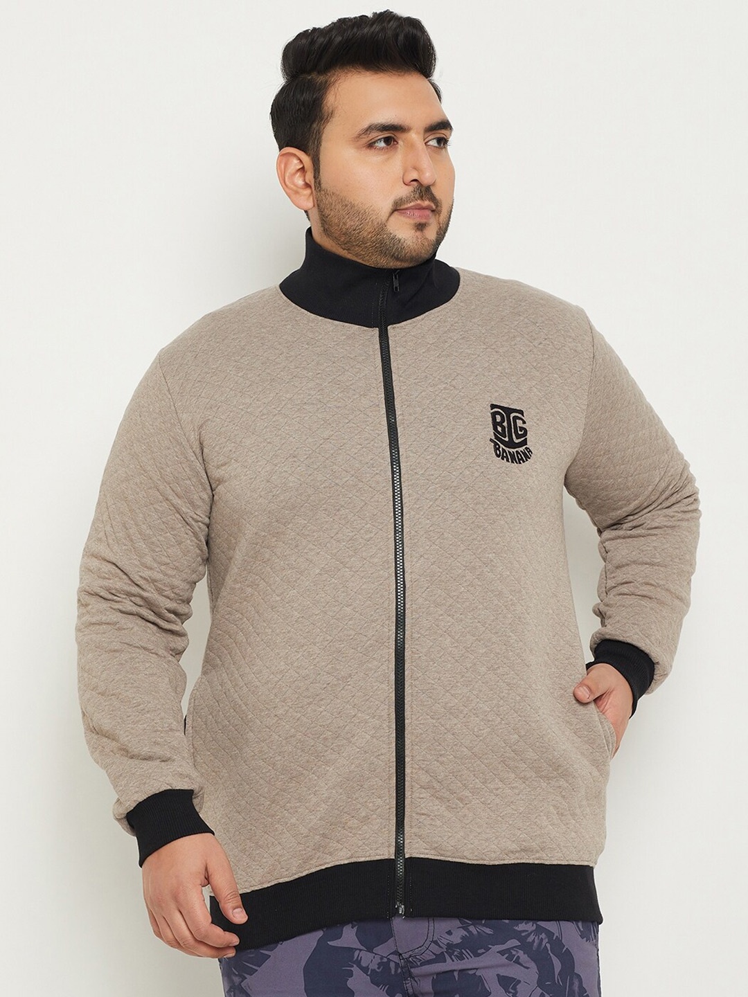 

bigbanana Plus Size Self Design Mock Collar Pure Cotton Front Open Sweatshirt, Grey