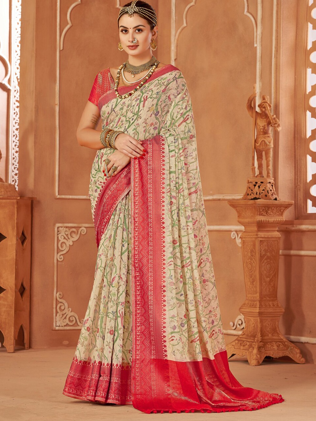 

Mitera Red Floral Printed Zari Pure Silk Saree, Beige