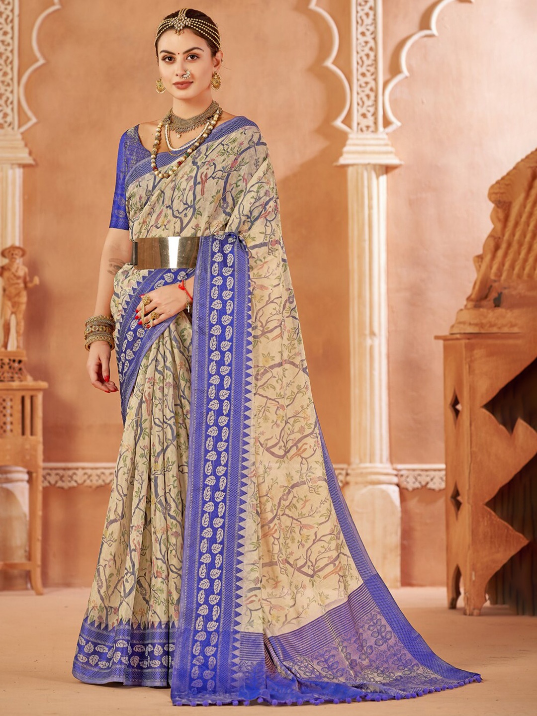 

Mitera Blue Floral Printed Zari Pure Silk Saree