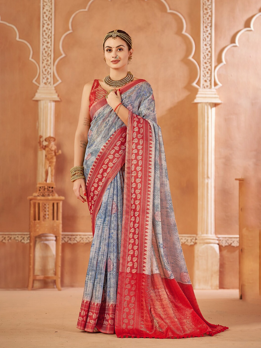 

Mitera Blue Ethnic Motifs Printed Zari Detailed Pure Silk Saree