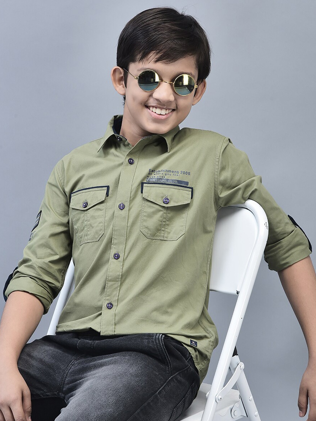 

Crimsoune Club Boys Classic Slim Fit Cotton Casual Shirt, Olive