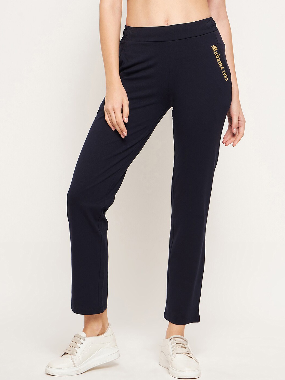 

Madame Women Brand Logo Printed Pure Cotton Track Pant, Navy blue