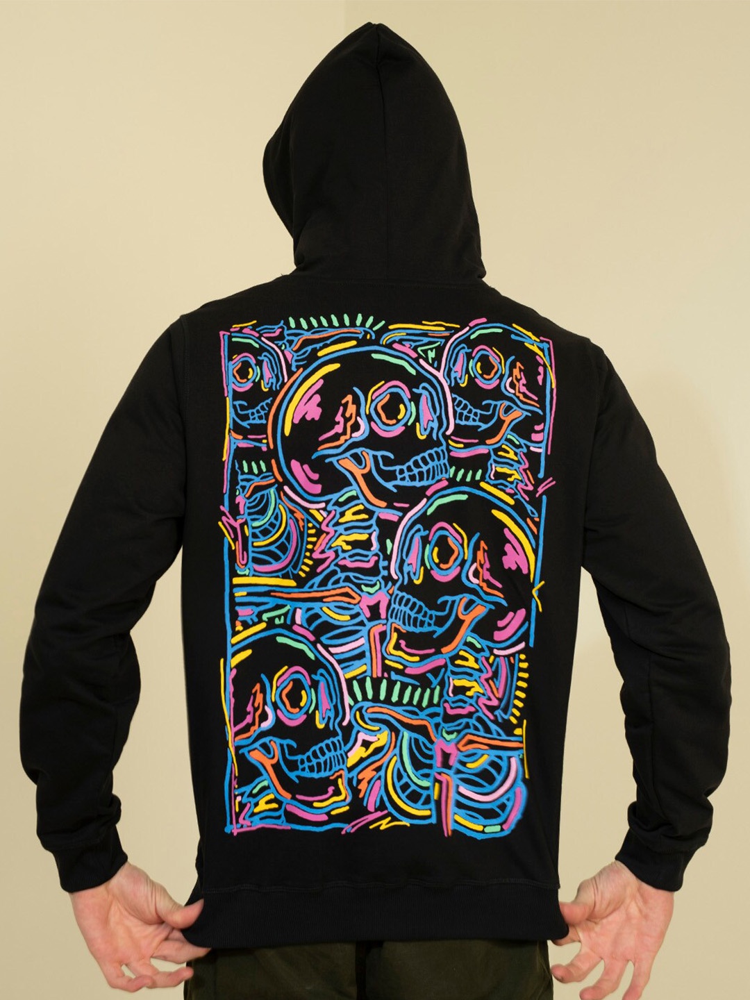 

PUNK Graphic Printed Hooded Fleece Front-Open Sweatshirt, Black