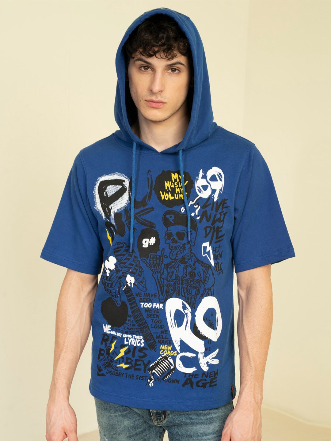 

PUNK Printed Hooded Fleece Sweatshirt, Blue
