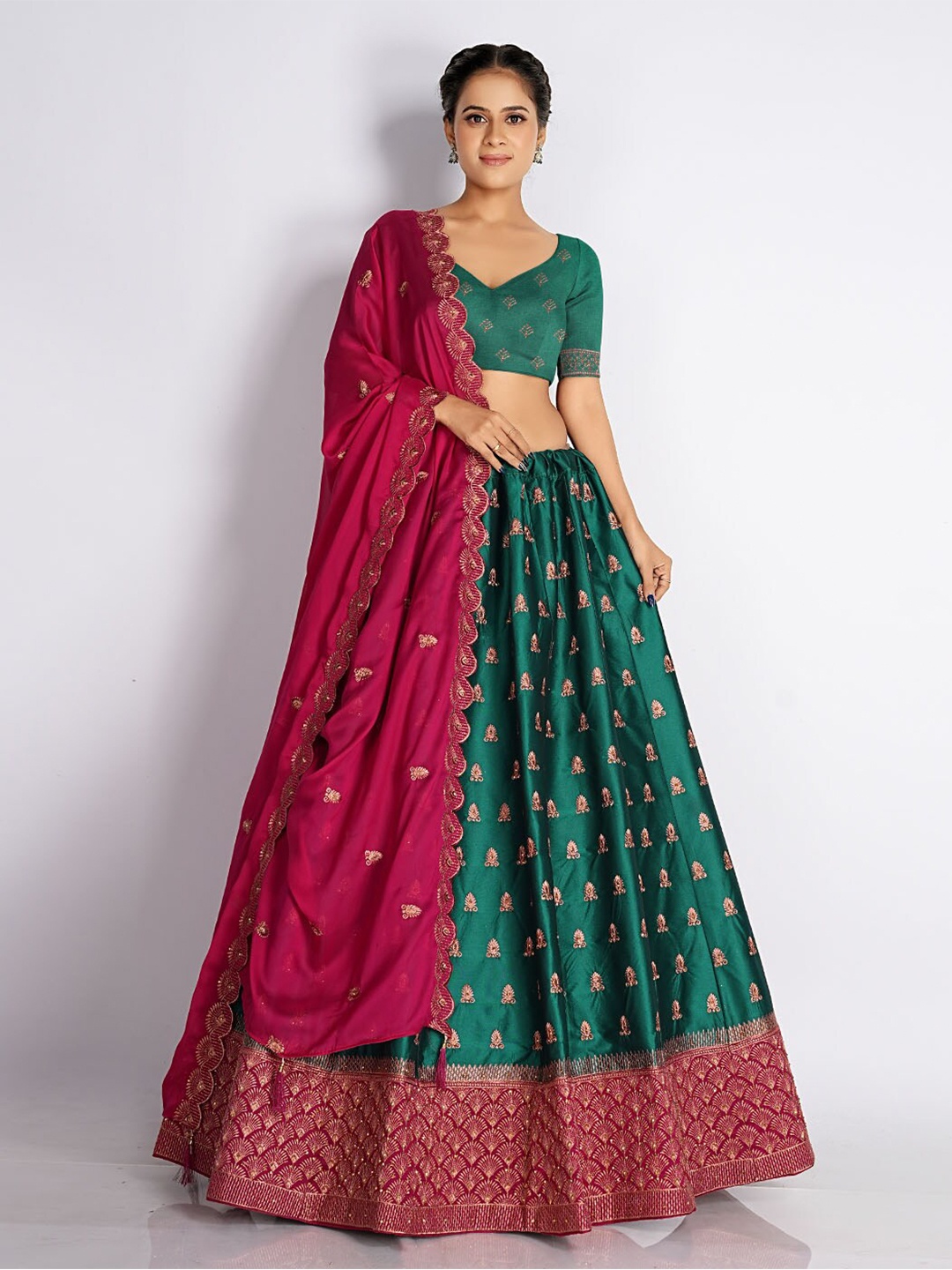 

HALFSAREE STUDIO Embroidered Silk Semi-Stitched Lehenga & Unstitched Blouse With Dupatta, Green