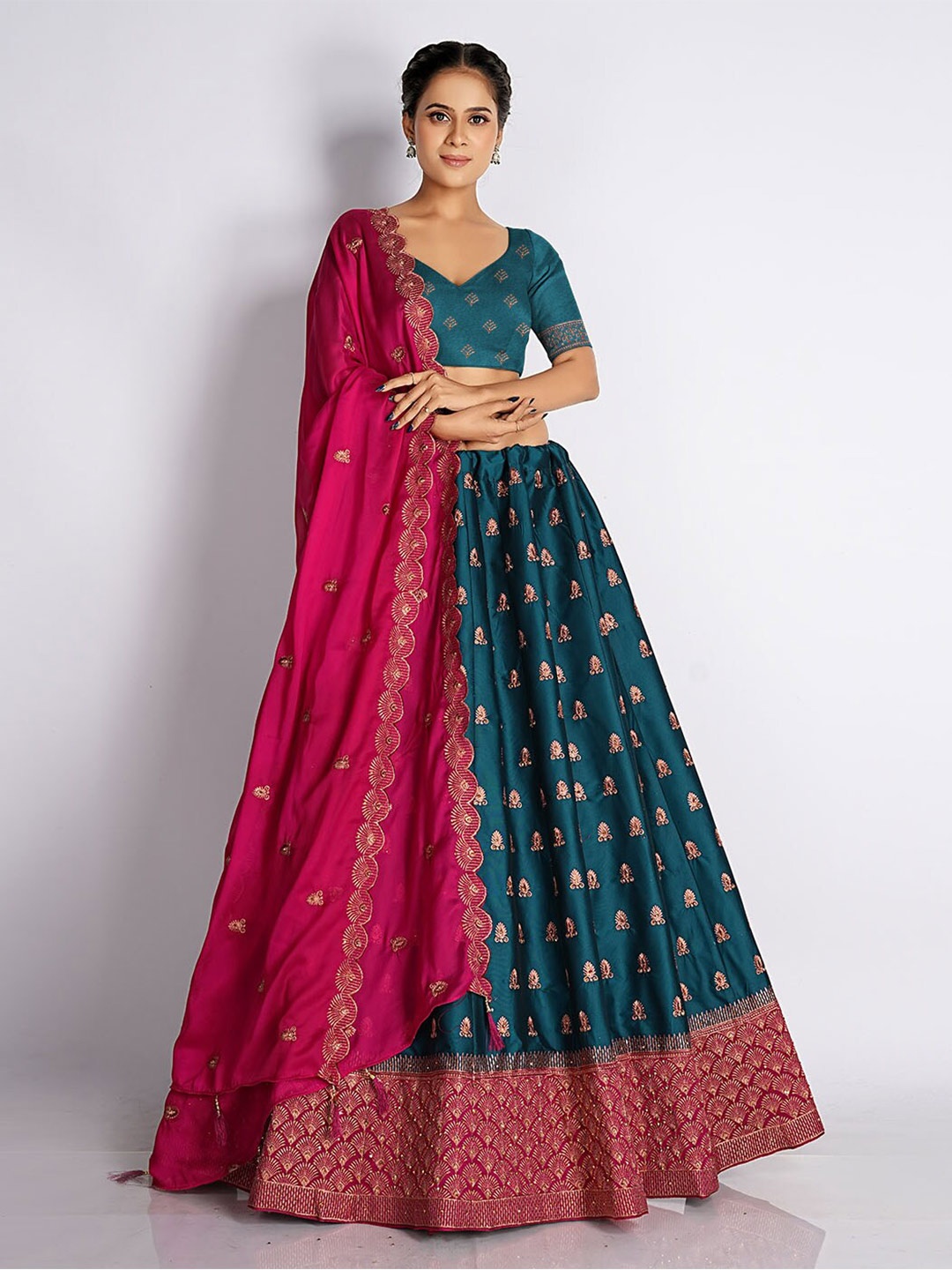 

HALFSAREE STUDIO Embroidered Silk Semi-Stitched Lehenga & Unstitched Blouse With Dupatta, Teal