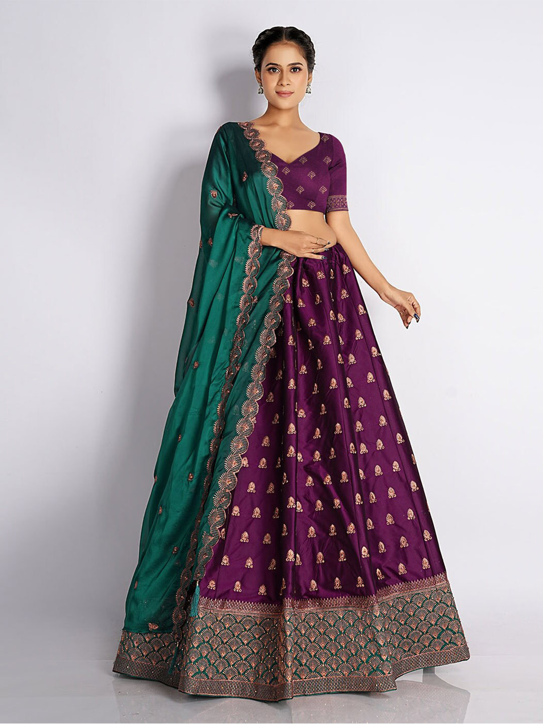 

HALFSAREE STUDIO Embroidered Semi Stitched Lehenga & Unstitched Blouse With Dupatta, Burgundy