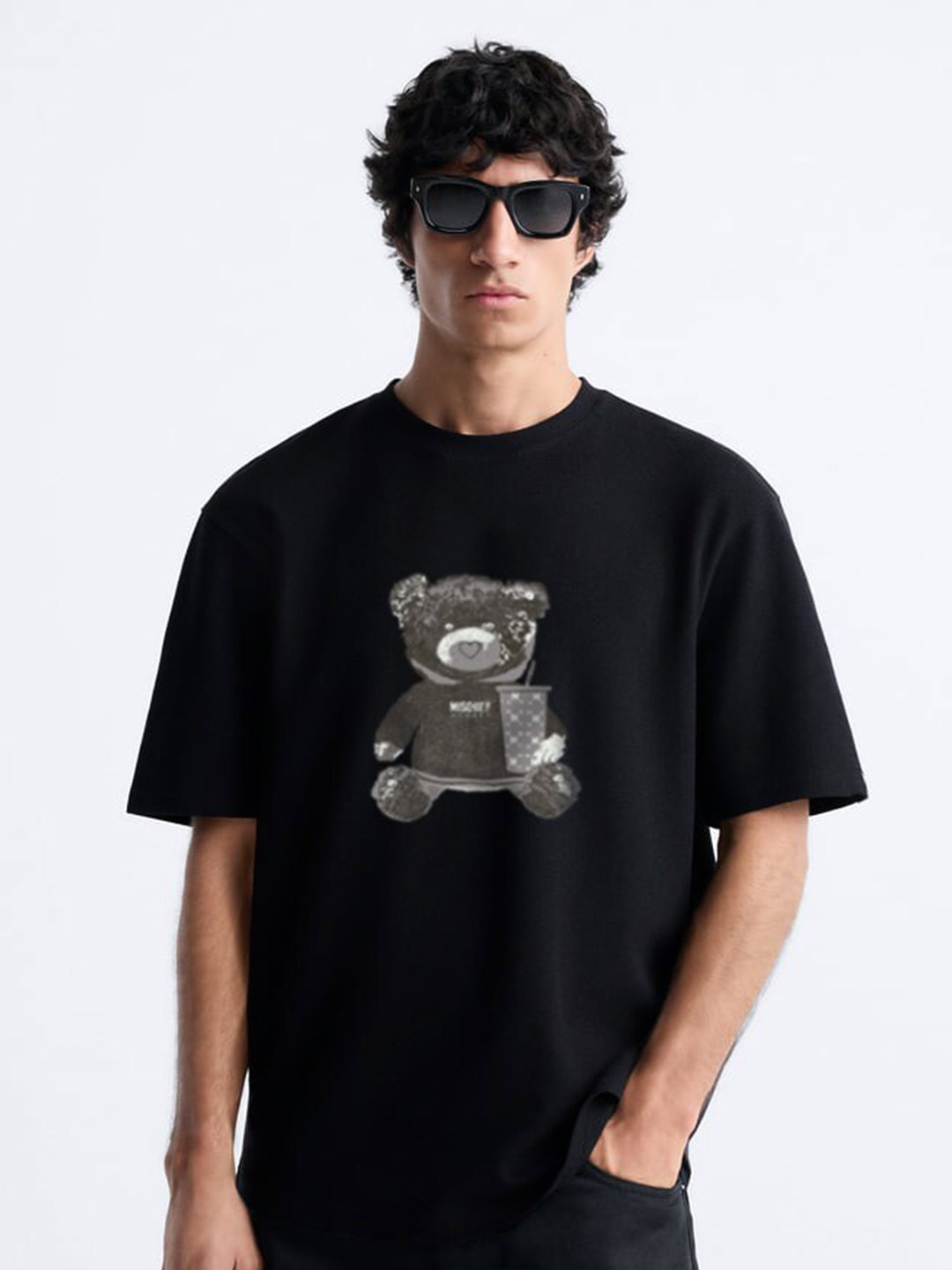 

MISCHIEF MONKEY Graphic Printed Crew Neck Pure Cotton Oversized T-Shirt, Black