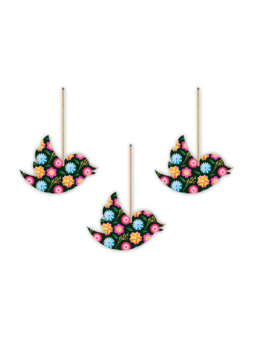 

CVANU 3 Pieces Green & Pink Floral Painted Bird Shape Wooden Hangings Wall Decor