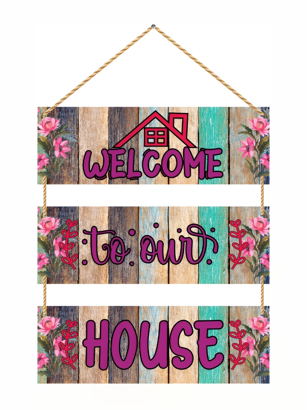 

CVANU Purple & Brown Welcome Quotes Painted Rectangle Wooden Hanging Wall Decor