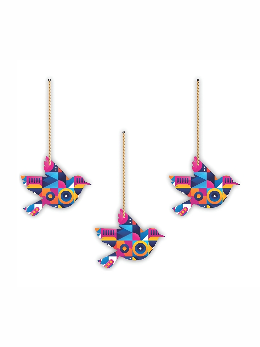 

CVANU Blue & Pink 3 Pieces Geometric Painted Bird Shape Wooden Wall Hangings