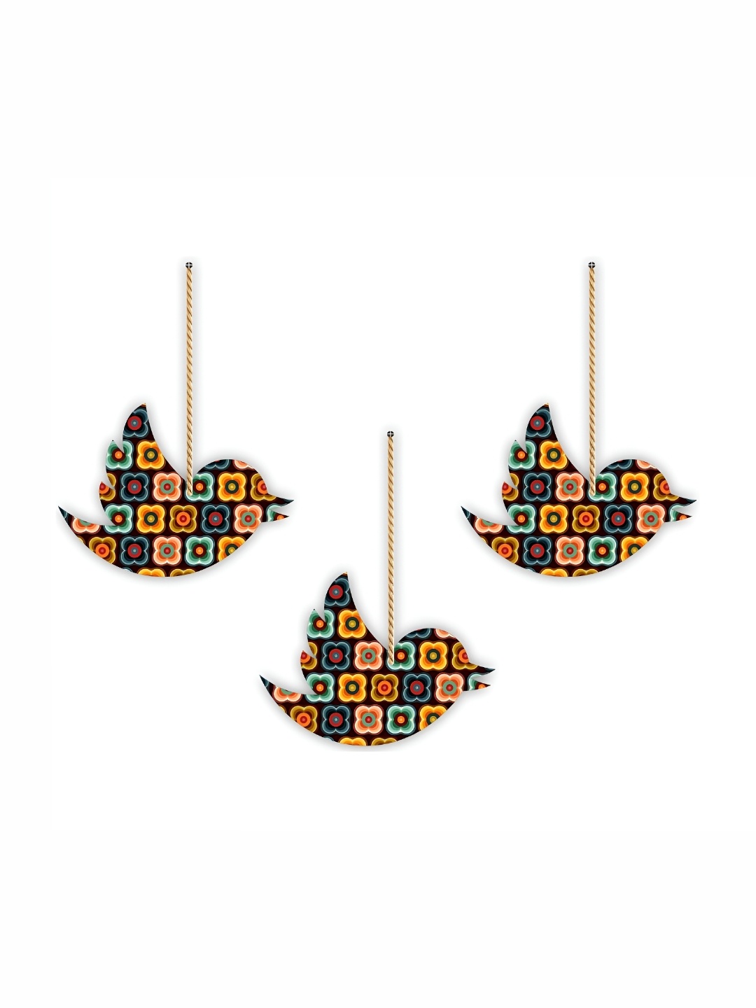 

CVANU Yellow & Blue 3 Pieces Floral Painted Bird Shape Wooden Wall Hangings