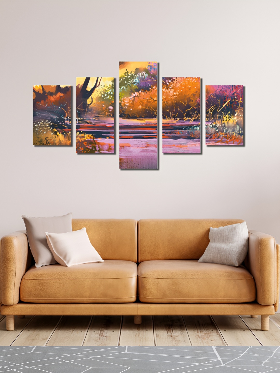 

CVANU Yellow & Blue 5 Pcs Colorful Leaves Printed Wooden Wall Art