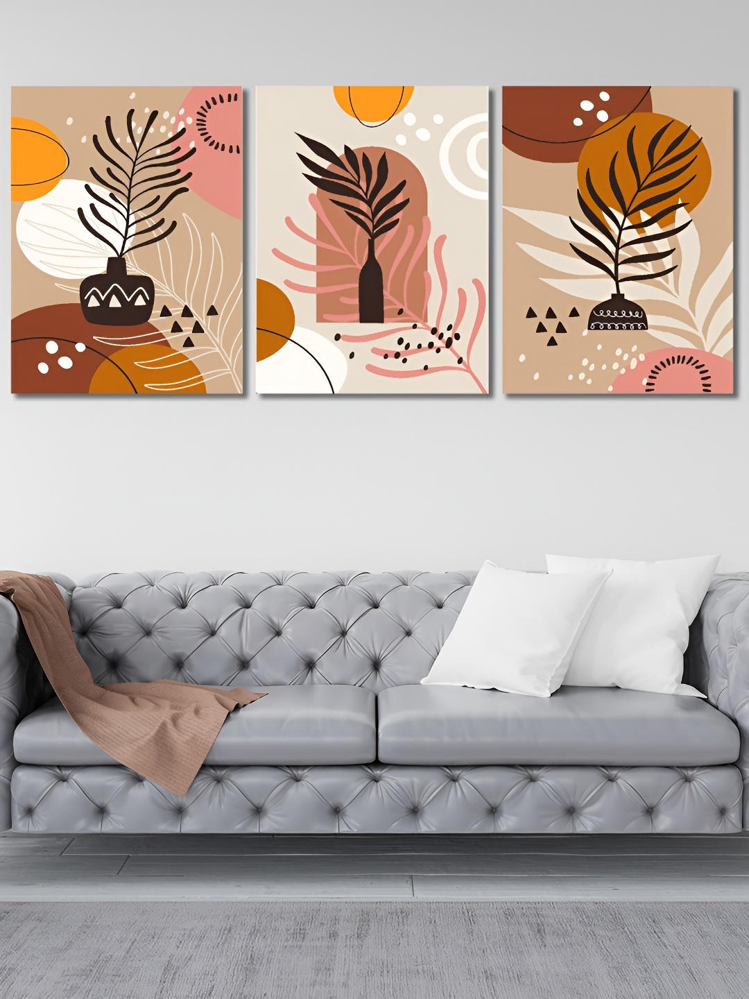 

CVANU Brown & Black 3 Pieces Floral Leaves Printed Wooden Wall Paintings