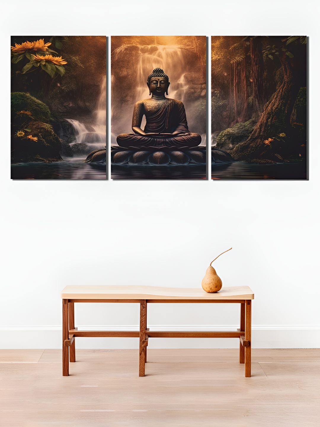 

CVANU Black & Brown 3 Pieces Lord Buddha Printed Wooden Wall Paintings