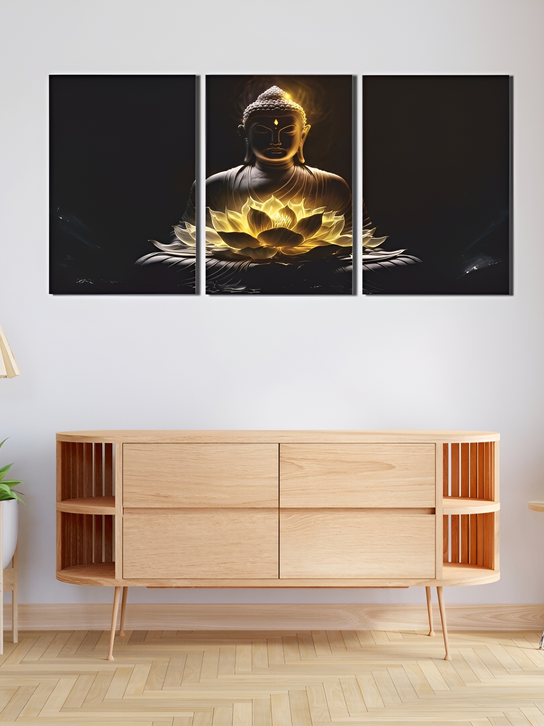 

CVANU Black & Gold Toned 3 Pieces Lord Buddha Wooden Wall Paintings