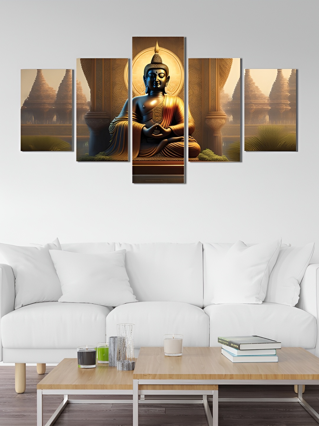 

CVANU Brown & Gold Toned 5 Pieces Lord Buddha Wooden Wall Paintings