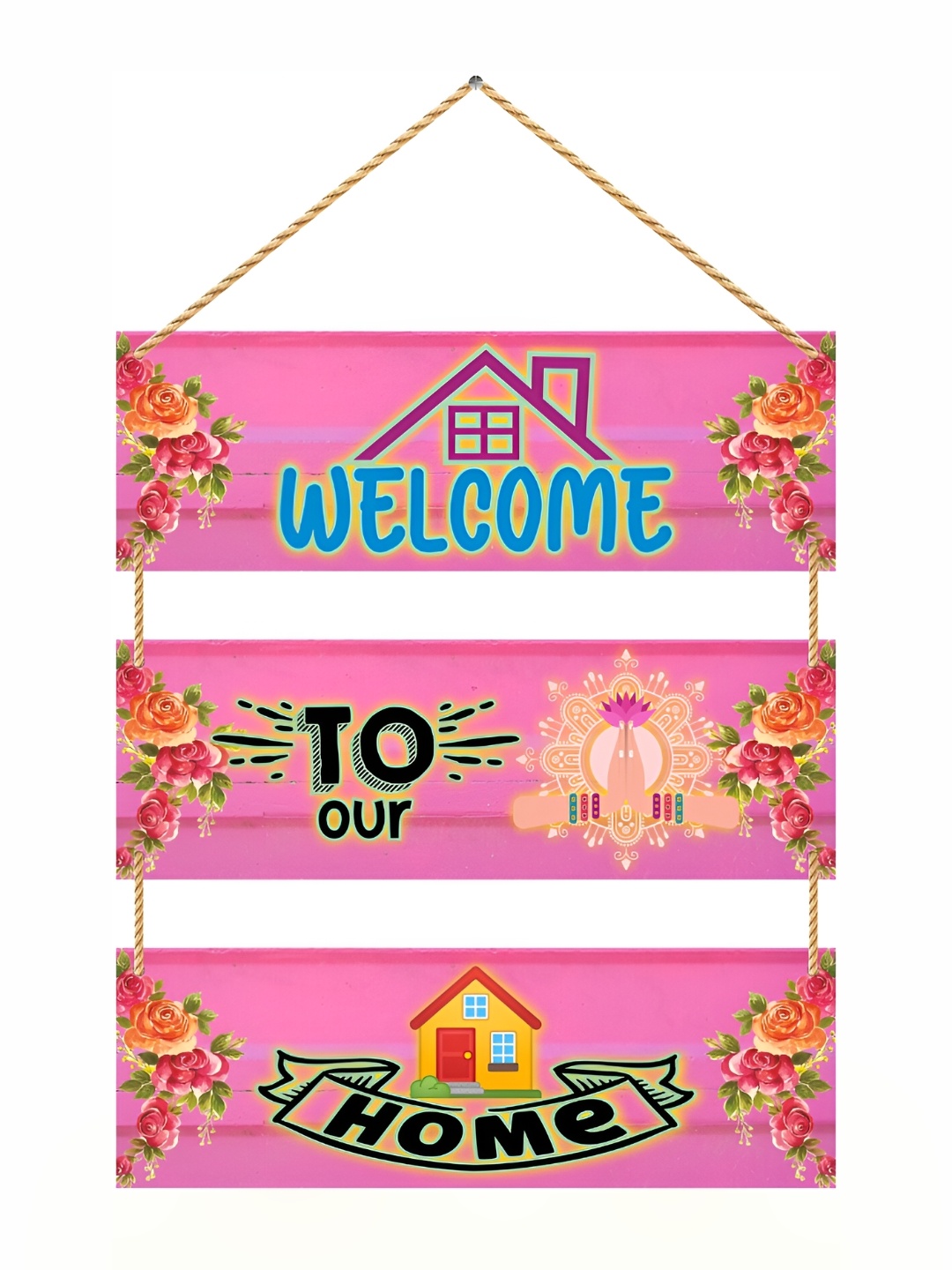 

CVANU Pink & Yellow Printed Wooden Rectangle Wall Hanging