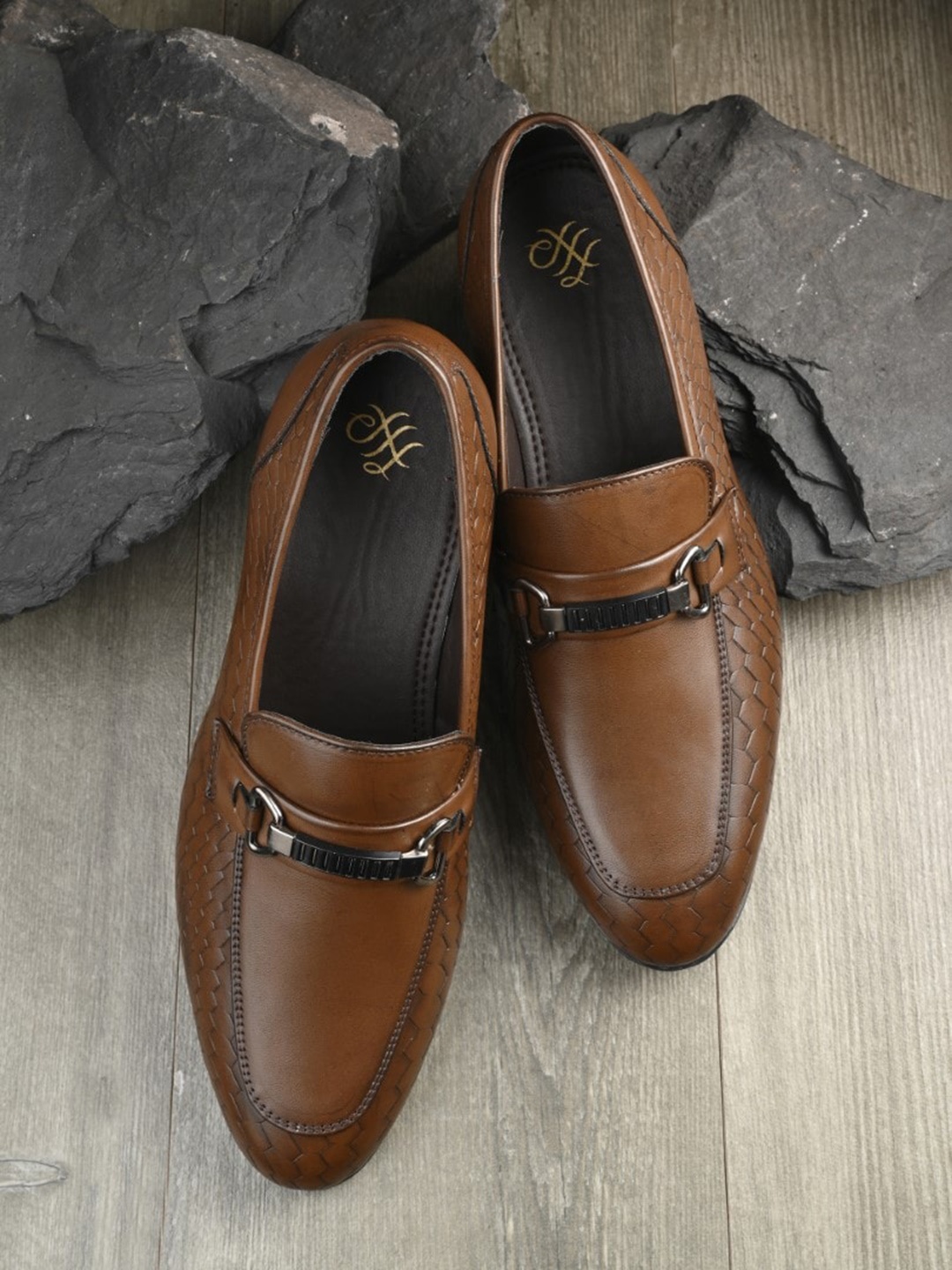 

House of Pataudi Men Textured Lightweight Horsebit Slip On Formal Loafers, Brown