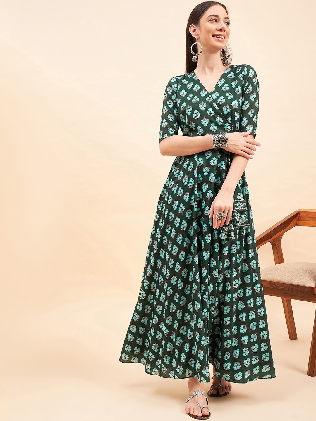 

KALINI Ethnic Motifs Printed V-Neck Maxi Ethnic Dress, Green