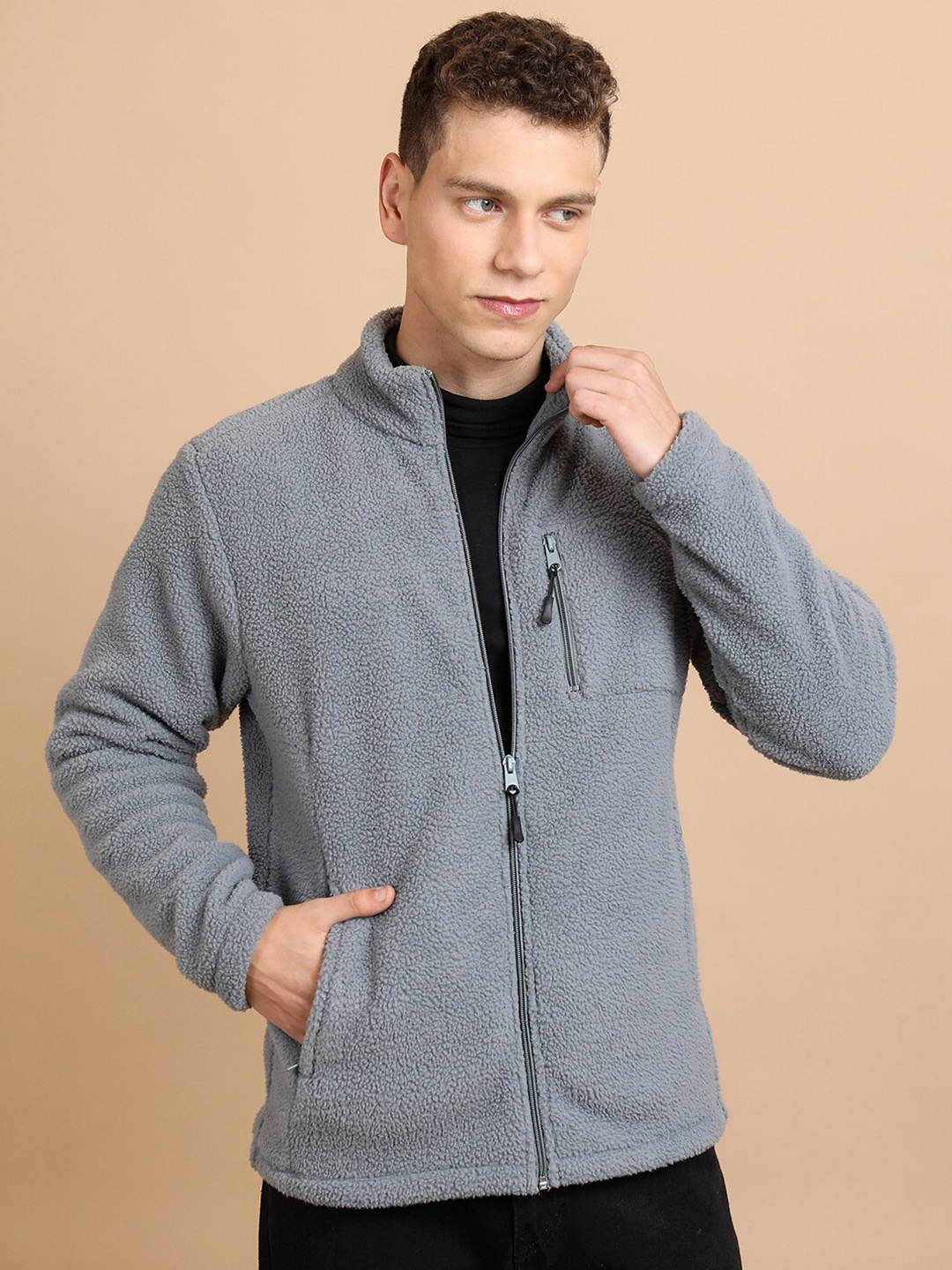 

HIGHLANDER High Neck Regular Fit Front Open Sweatshirt, Grey
