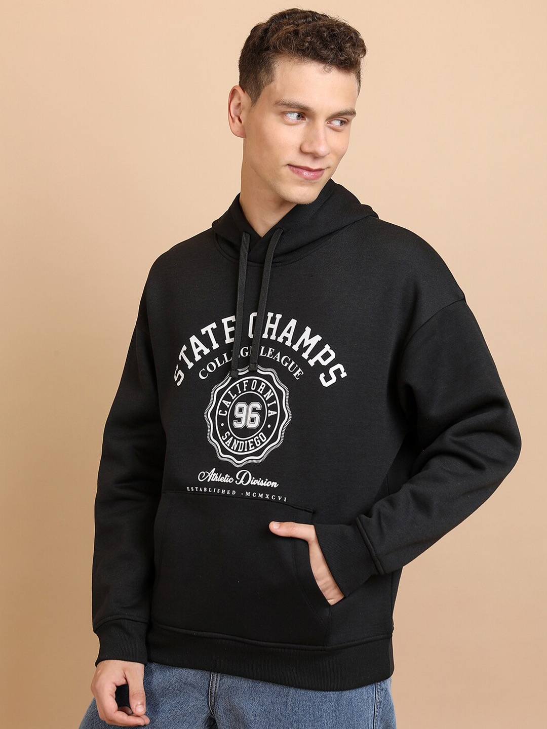 

HIGHLANDER Typography Printed Hooded Oversized Sweatshirt, Black