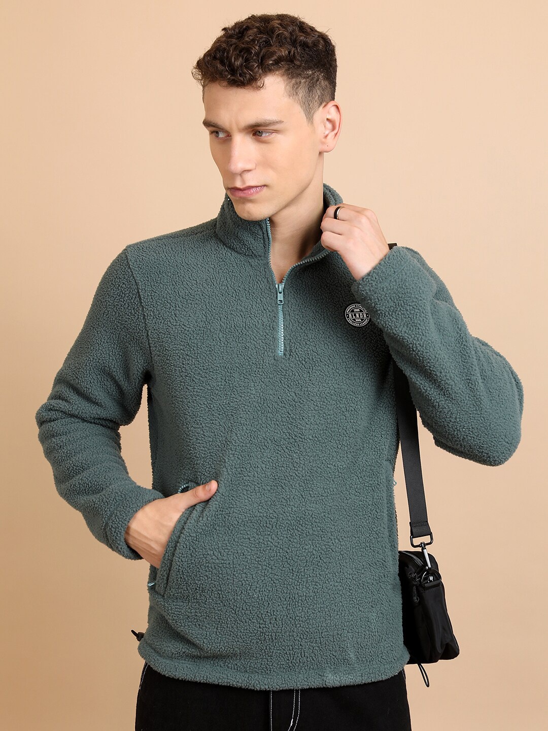 

HIGHLANDER Green Self Design High Neck Long Sleeves Sweatshirt