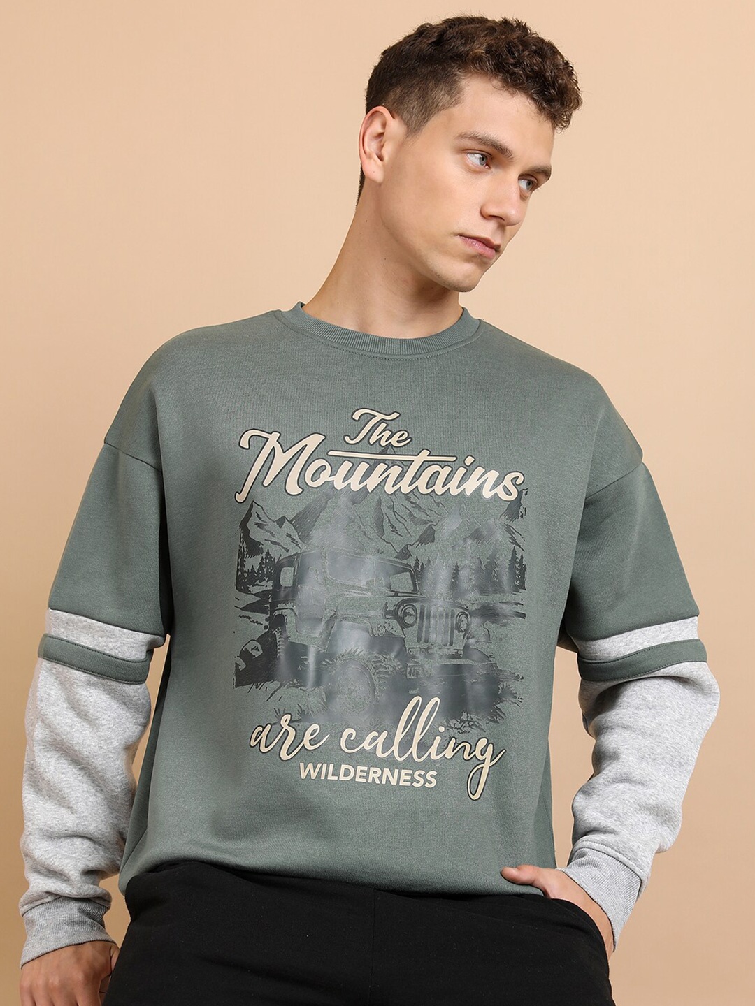 

HIGHLANDER Typography Printed Drop Shoulder Sleeves Oversized Pullover, Green