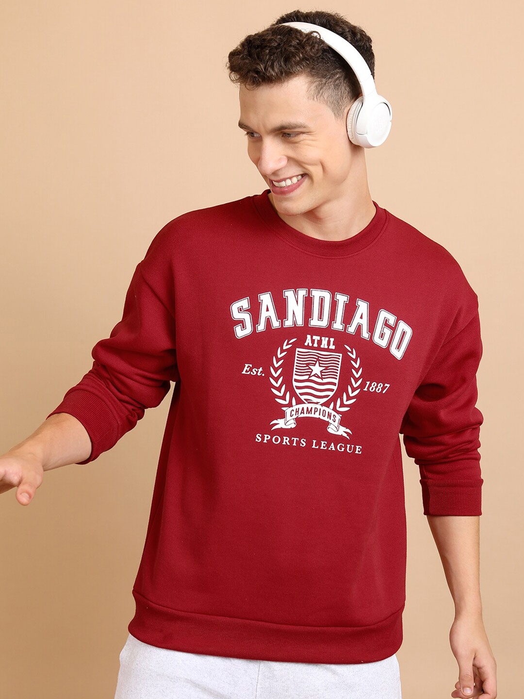 

HIGHLANDER Typography Printed Long Drop Shoulder Relaxed Pullover Sweatshirt, Red