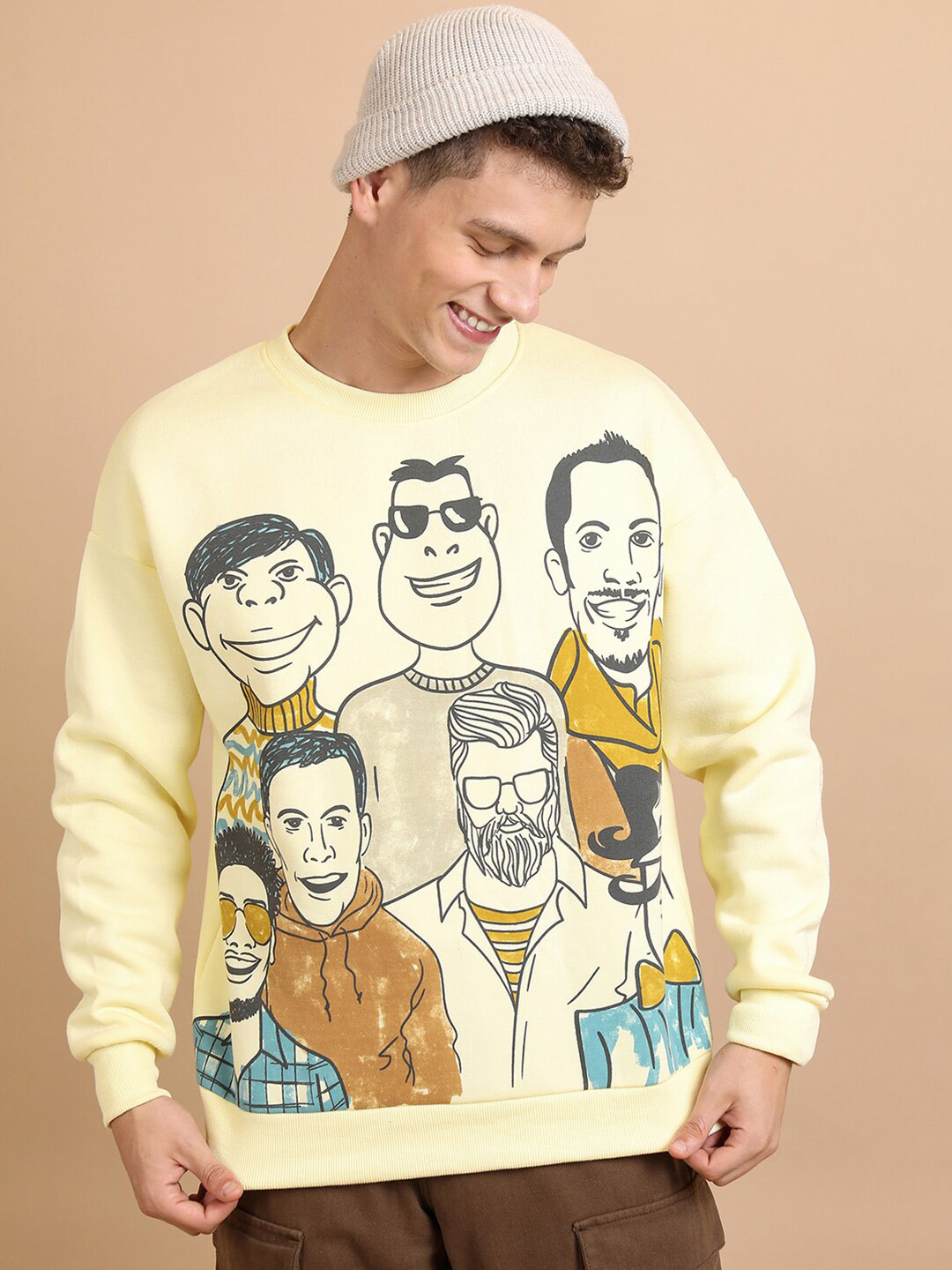 

HIGHLANDER Cream-Coloured Conversational Printed Oversize Sweatshirt