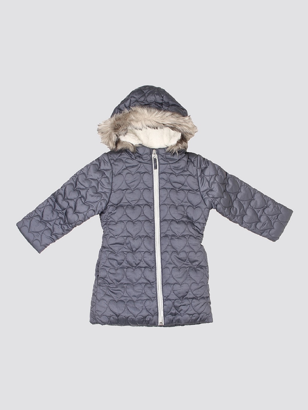 

mothercare Girls Hooded Faux Fur Trim Longline Quilted Jacket, Grey