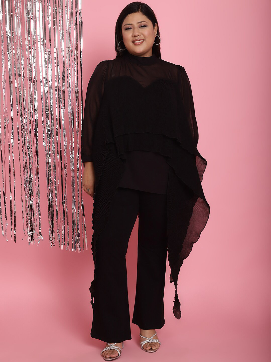 

theRebelinme Plus Size High Neck Georgette Longline Top, Black
